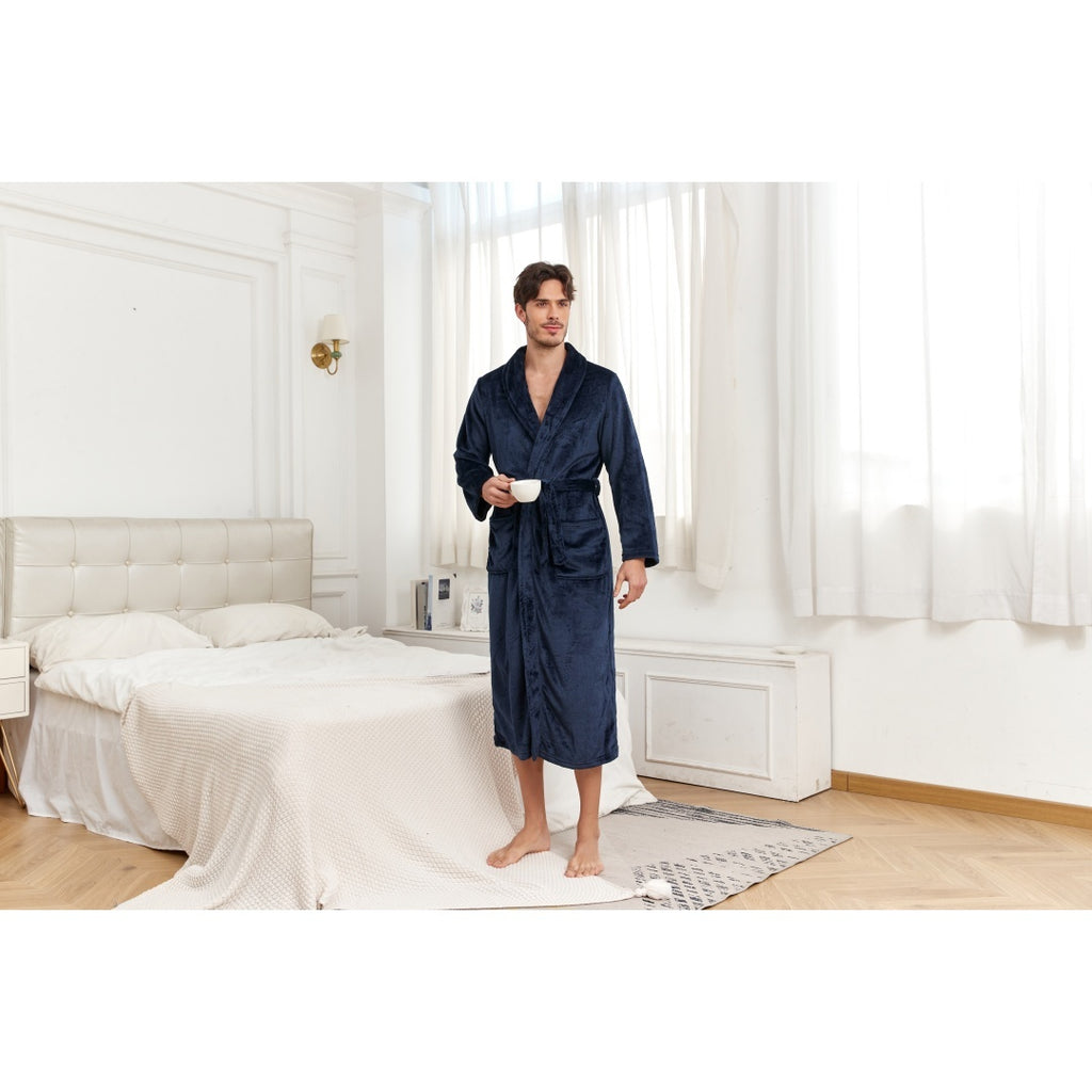 Men's Plush Long Robe Soft And Warm Bathrobe modeled by a man in a cozy bedroom setting.