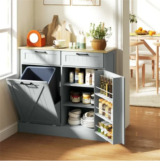 Kitchen Storage Cabinet Kitchen Cabinet with shelves, drawers, and space for pantry items in a bright kitchen setting.