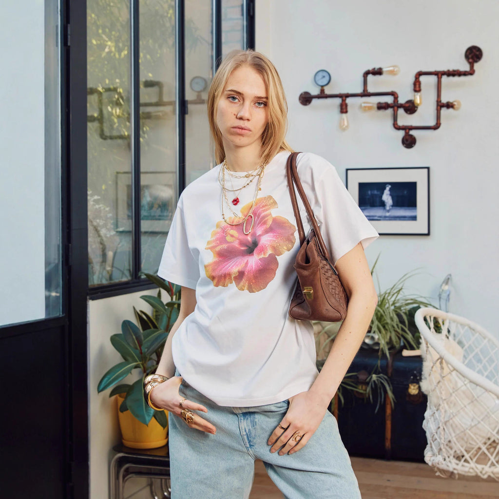 Floral Letter Print Pattern Top With Short Sleeves