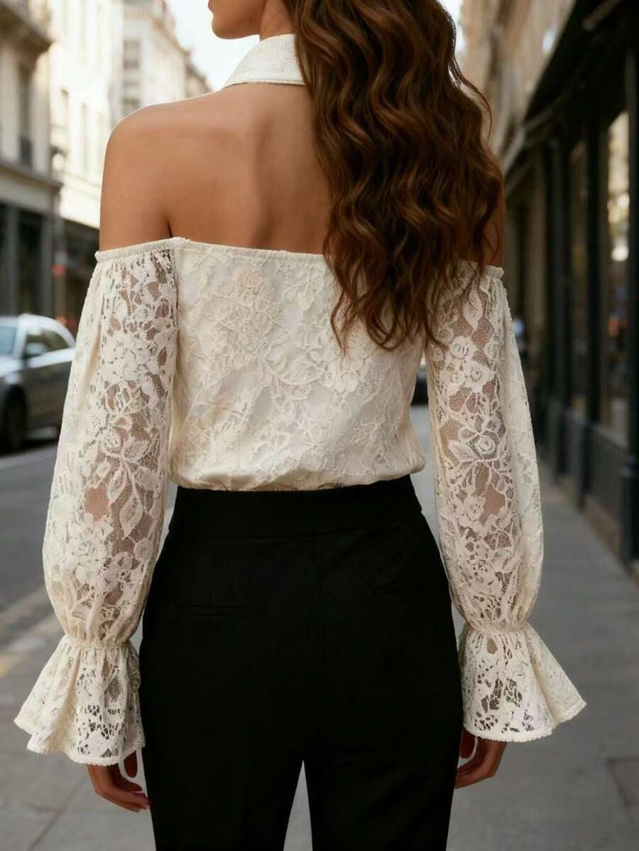 One-shoulder Halter Lace Top