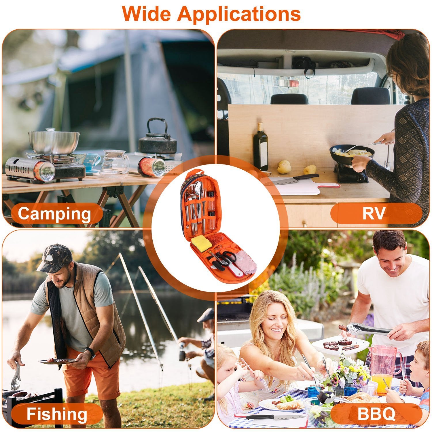 Camping Cooking Utensil Kit Portable Picnic Cookware for camping, RV, fishing, and BBQ, showcasing wide applications.
