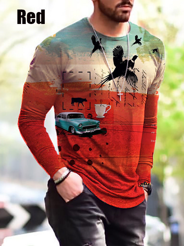 Winter Men S Print Simple Long-Sleeved T Shirt in red with artistic design and graphic prints.