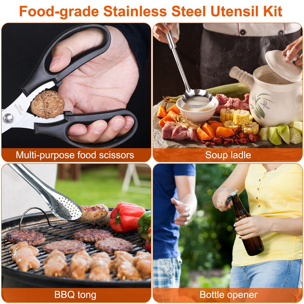 Camping Cooking Utensil Kit Portable Picnic Cookware including multi-purpose scissors, soup ladle, BBQ tongs, and bottle opener.