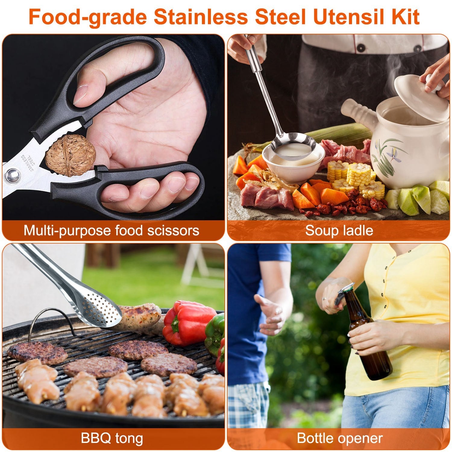 Camping Cooking Utensil Kit Portable Picnic Cookware including multi-purpose scissors, soup ladle, BBQ tongs, and bottle opener.