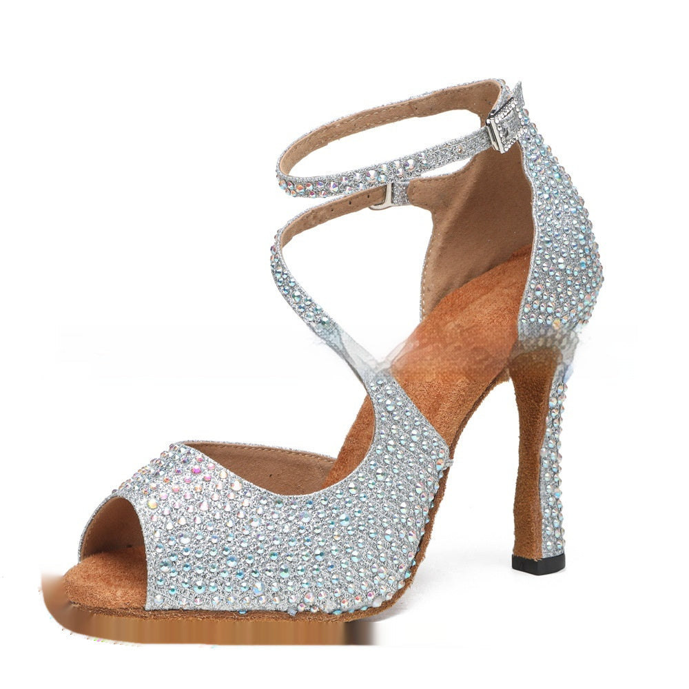 Women's Latin Dance Mid-high Heel Dance with sparkling rhinestones and an elegant design.