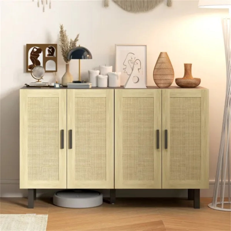 Modern Kitchen Storage Cabinet with four doors and decorative items on top, enhancing contemporary kitchen decor.