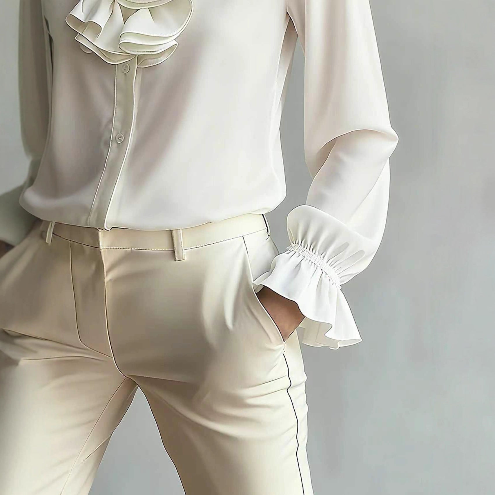 Casual Loose-neck Plain-colored Ruffled Collar Shirt