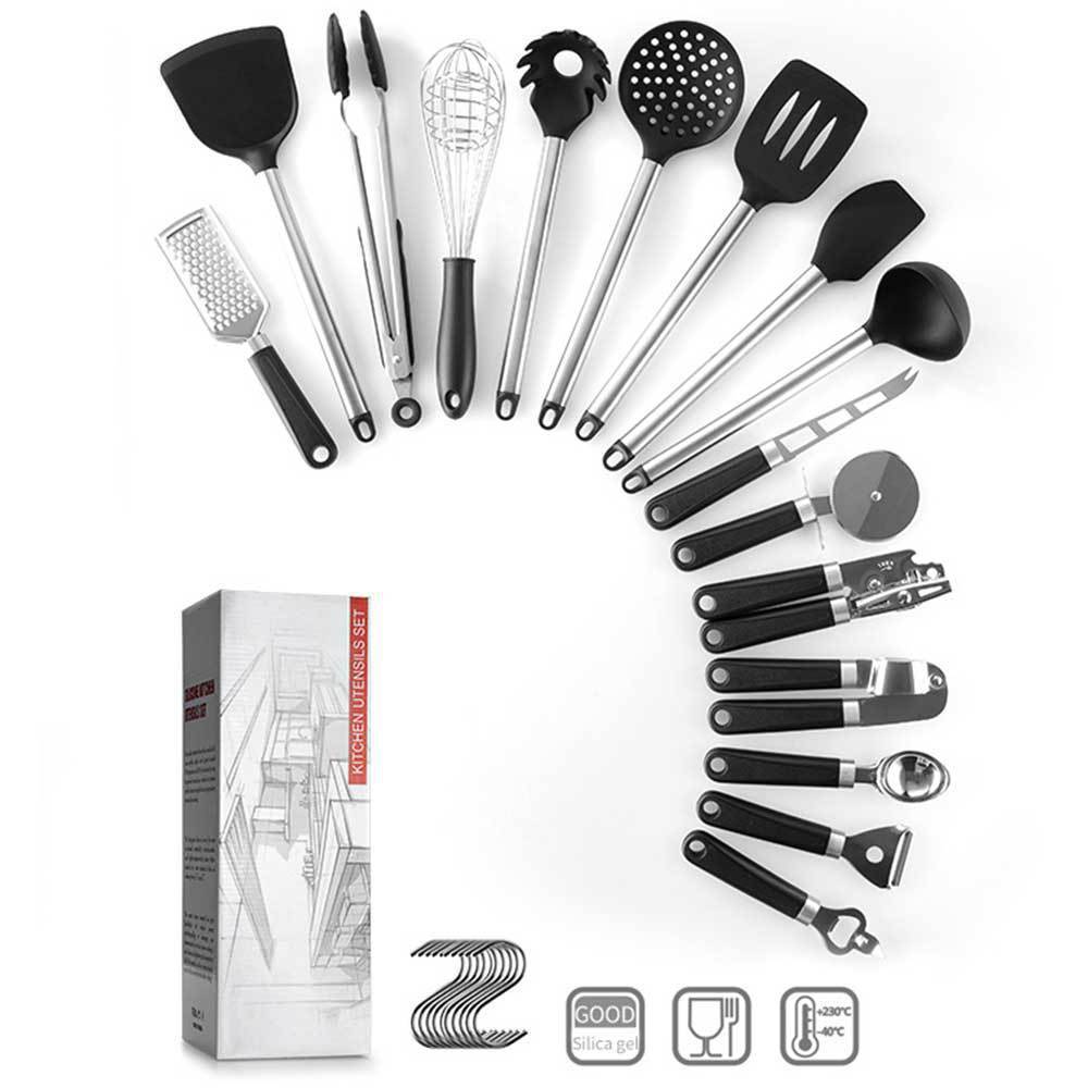 Kitchen Gadgets Cooking Silicone Spatula Spoon Set displayed with various utensils and packaging.