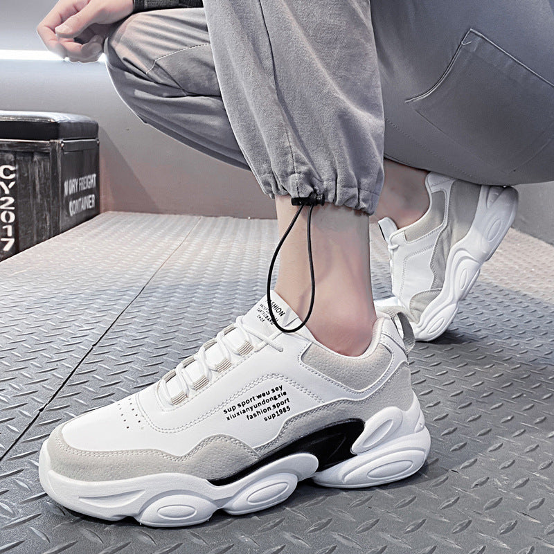 Men's Casual Sneakers Youth Trend Thick Sole in white and black design with thick sole, perfect for casual wear.