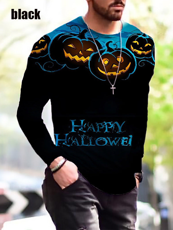 Winter Men S Print Simple Long-Sleeved T Shirt featuring a Halloween design with pumpkins and the words Happy Halloween.