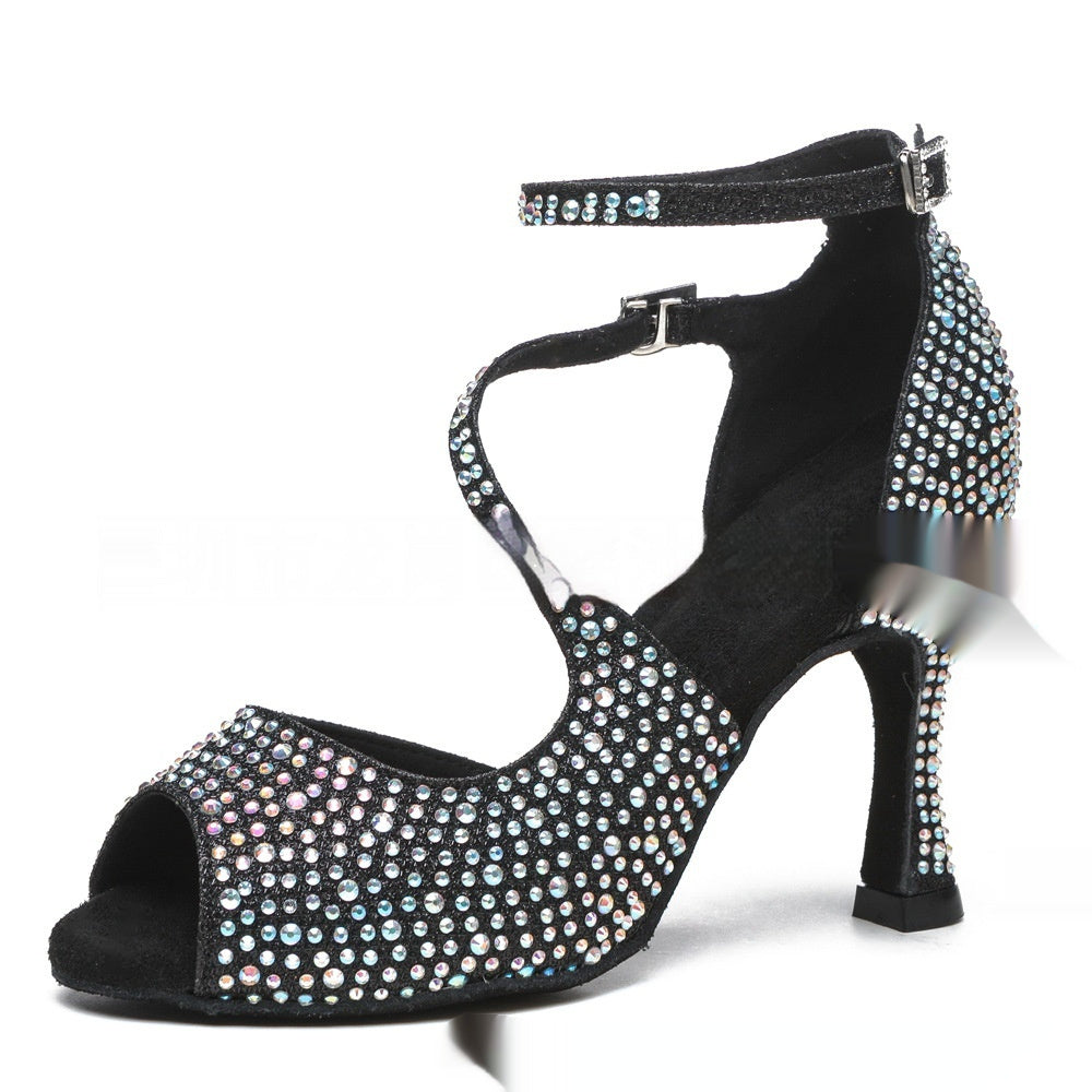 Women's Latin Dance Mid-high Heel Dance with sparkling rhinestones and stylish ankle strap design.