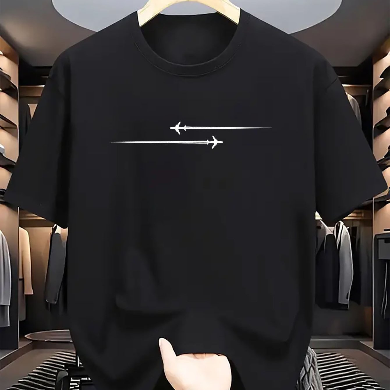 Men’s Comfortable Sports Round Neck T-Shirts in black with modern arrow design displayed on a hanger.