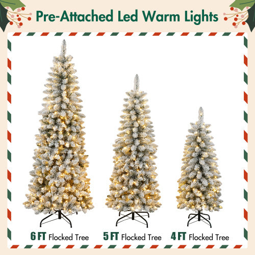 Artificial Christmas Tree Set With Lights shows 6FT, 5FT, and 4FT flocked trees with pre-attached warm LED lights.