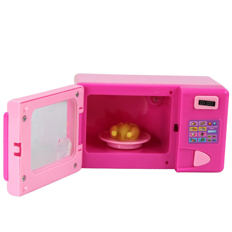 Children's Mini Girl Simulation Play House pink toy microwave with open door and food inside