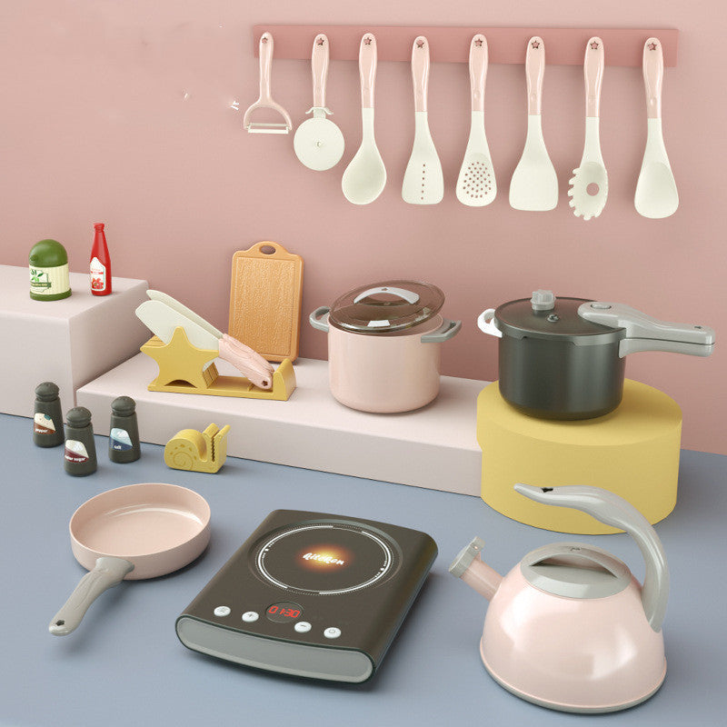 New Simulation Induction Cooker with kitchen utensils and cookware for children's playhouse.