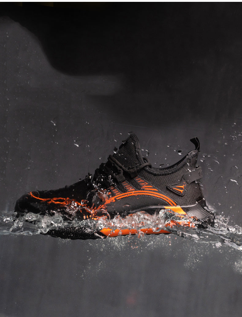 Breathable Labor Protection Shoe Man splashing through water, showcasing its durability and slip-resistant sole.