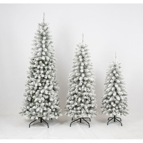 Artificial Christmas Tree Set With Lights displayed in three sizes, showcasing a snowy white finish and festive charm.