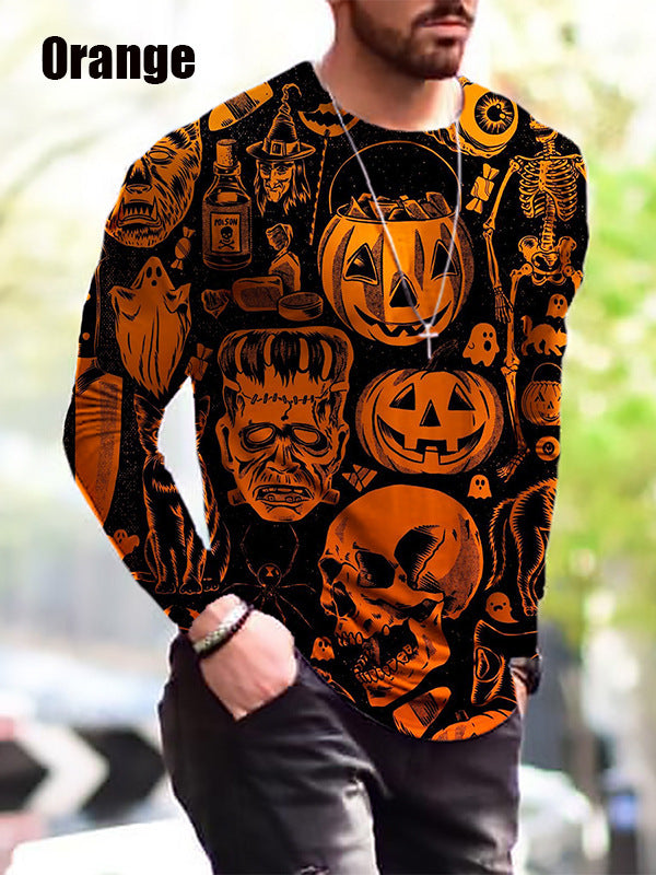 Winter Men S Print Simple Long-Sleeved T Shirt featuring Halloween-themed graphics in orange and black.