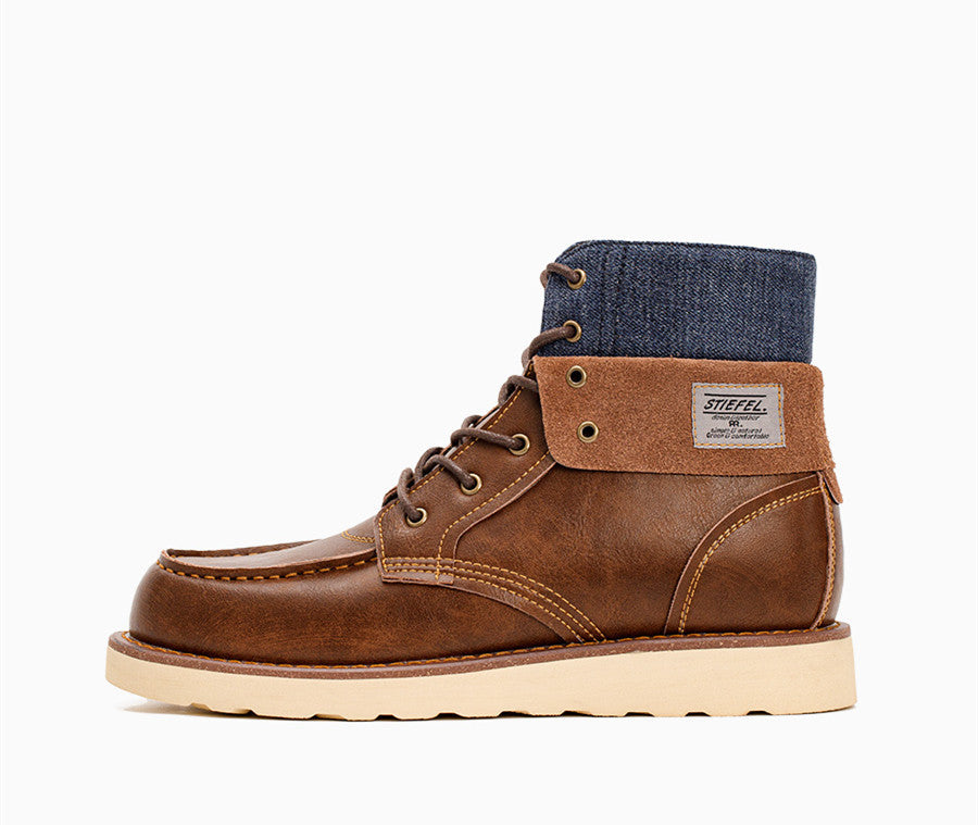 Lapel Vintage Work Boots Men's Boots Winter British Style in brown leather with a denim upper.