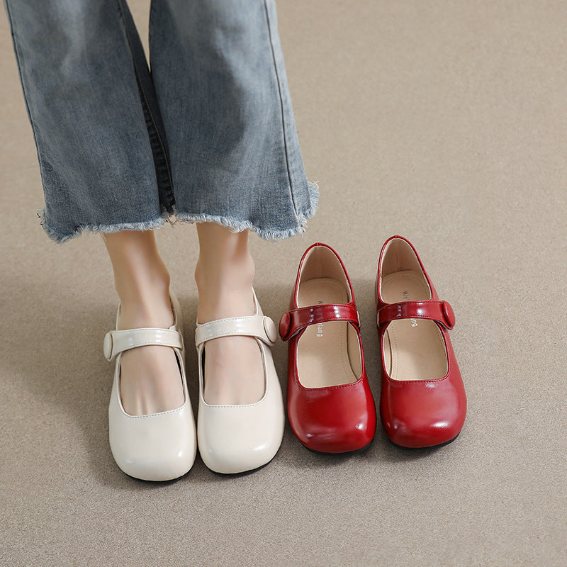 Fashion Flat Cute Single Shoe Women displayed in white and red colors, worn with casual denim.