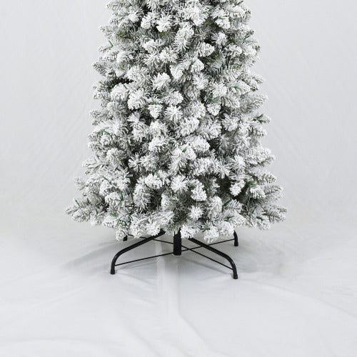 Artificial Christmas Tree Set With Lights, snow-covered artificial tree on a black metal stand.