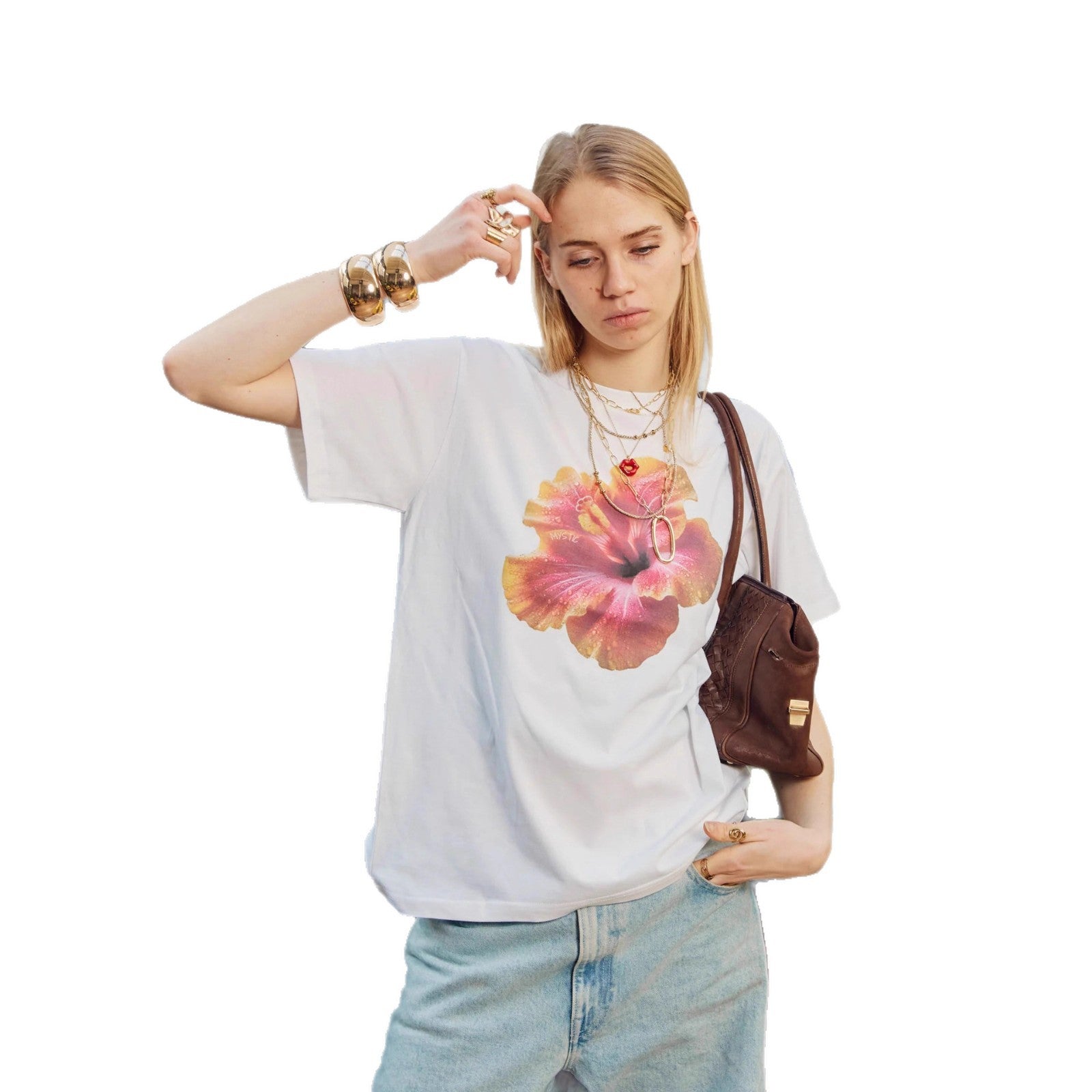 Floral Letter Print Pattern Top With Short Sleeves