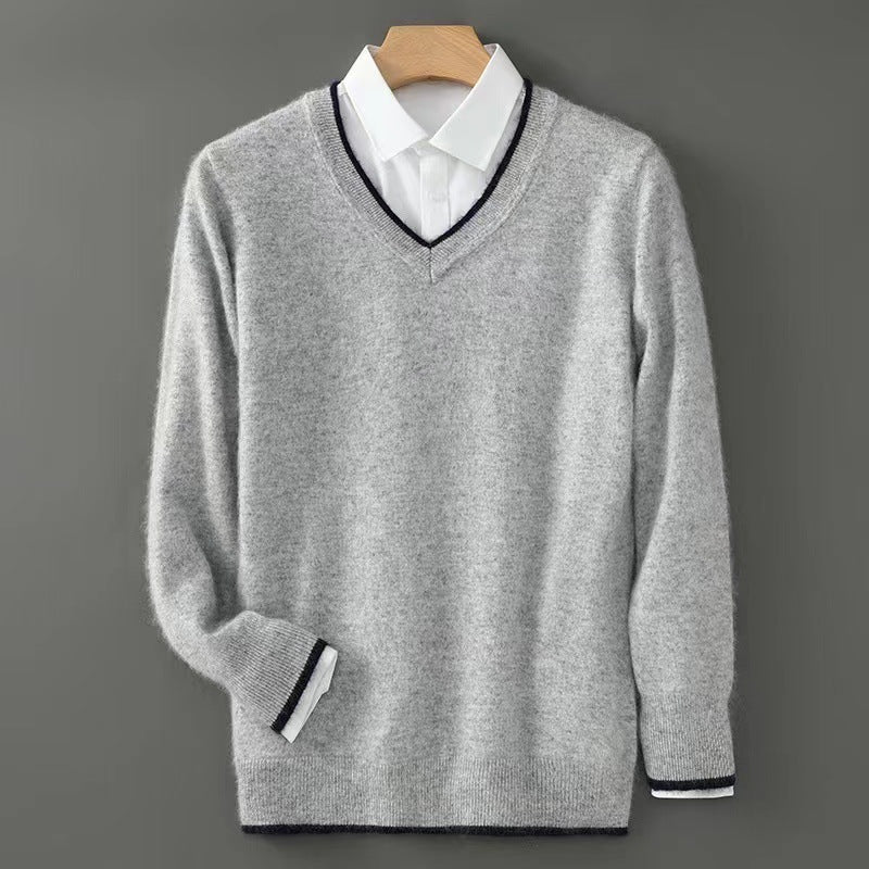 Warm Knitted Wool Sweater With A V-neck And Pullover Design