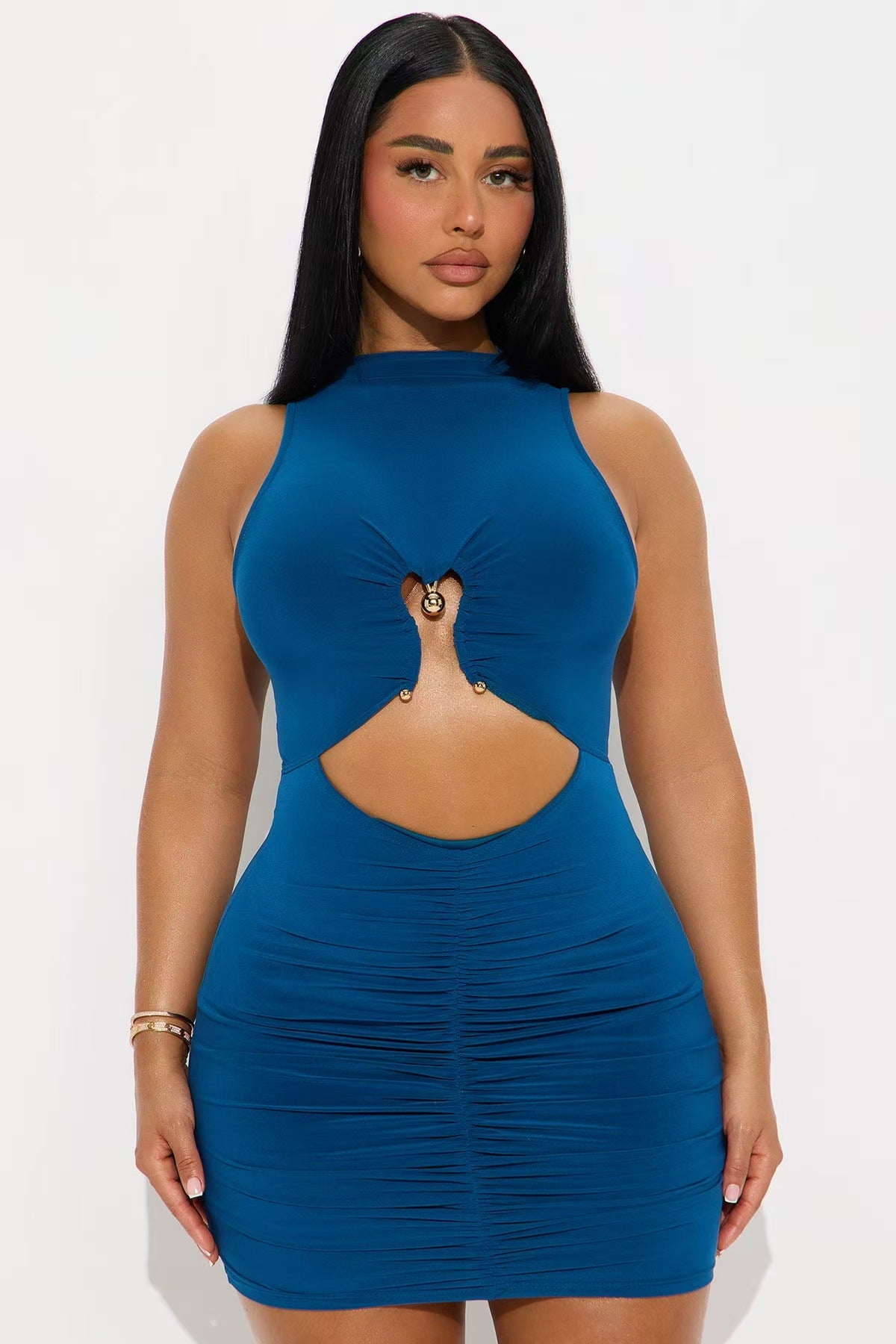 Affectionate Metal Decorated Solid Color Turtleneck Pleated Sheath Mini Dress