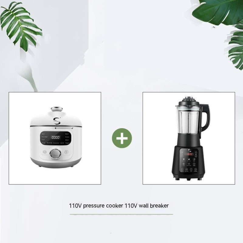Electric Pressure Cooker Small Household Appliances set with blender and wall breaker on a modern kitchen background.