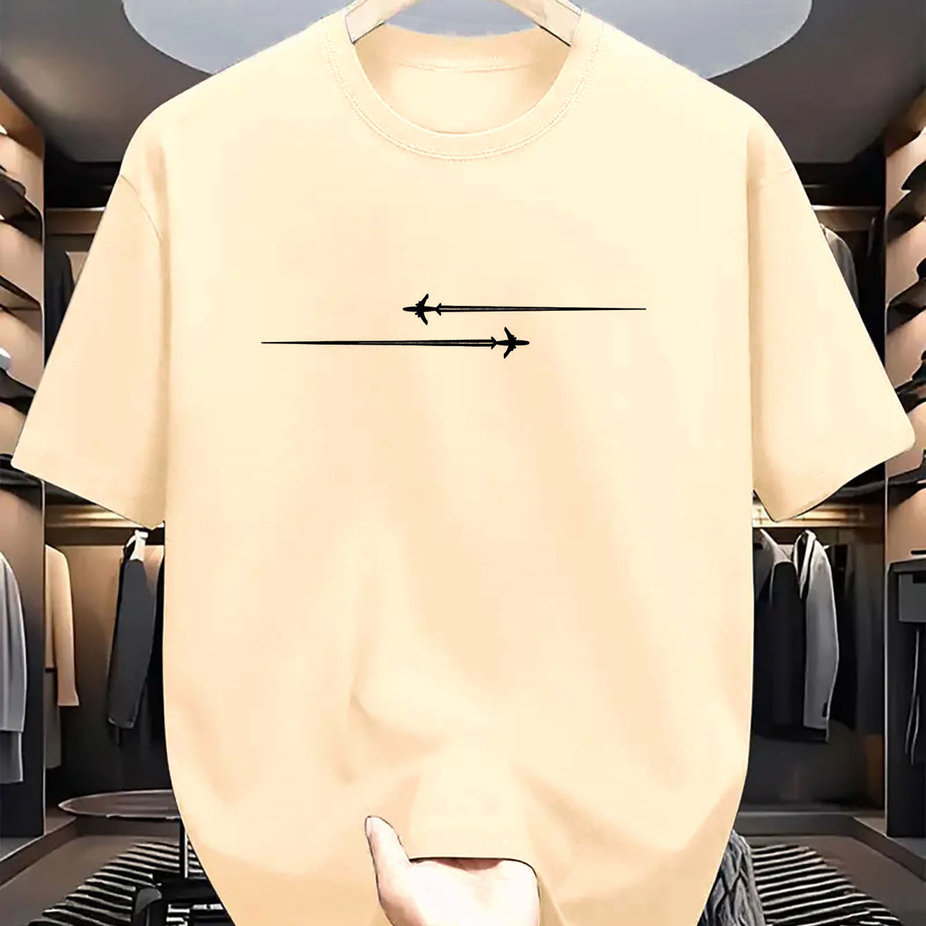 Men’s Comfortable Sports Round Neck T-Shirts in beige with minimalist arrow design displayed on hanger.