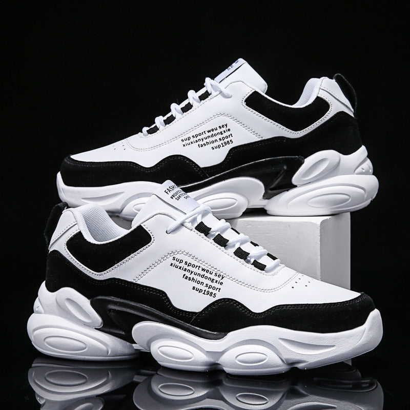 Men's Casual Sneakers Youth Trend Thick Sole white and black stylish footwear with chunky sole and trendy design.