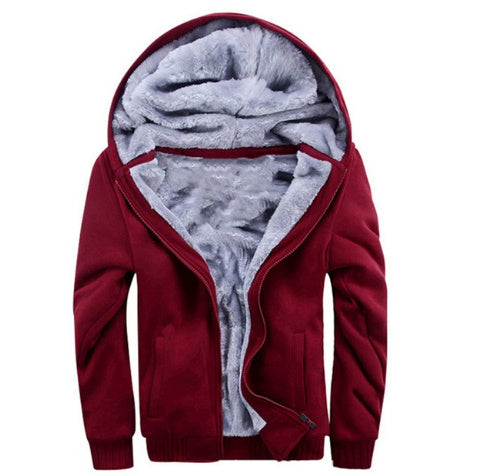 Fleece Sweater Men Casual Sport Fleece Hooded Jackets exterior showing the plush interior in a stylish red color.